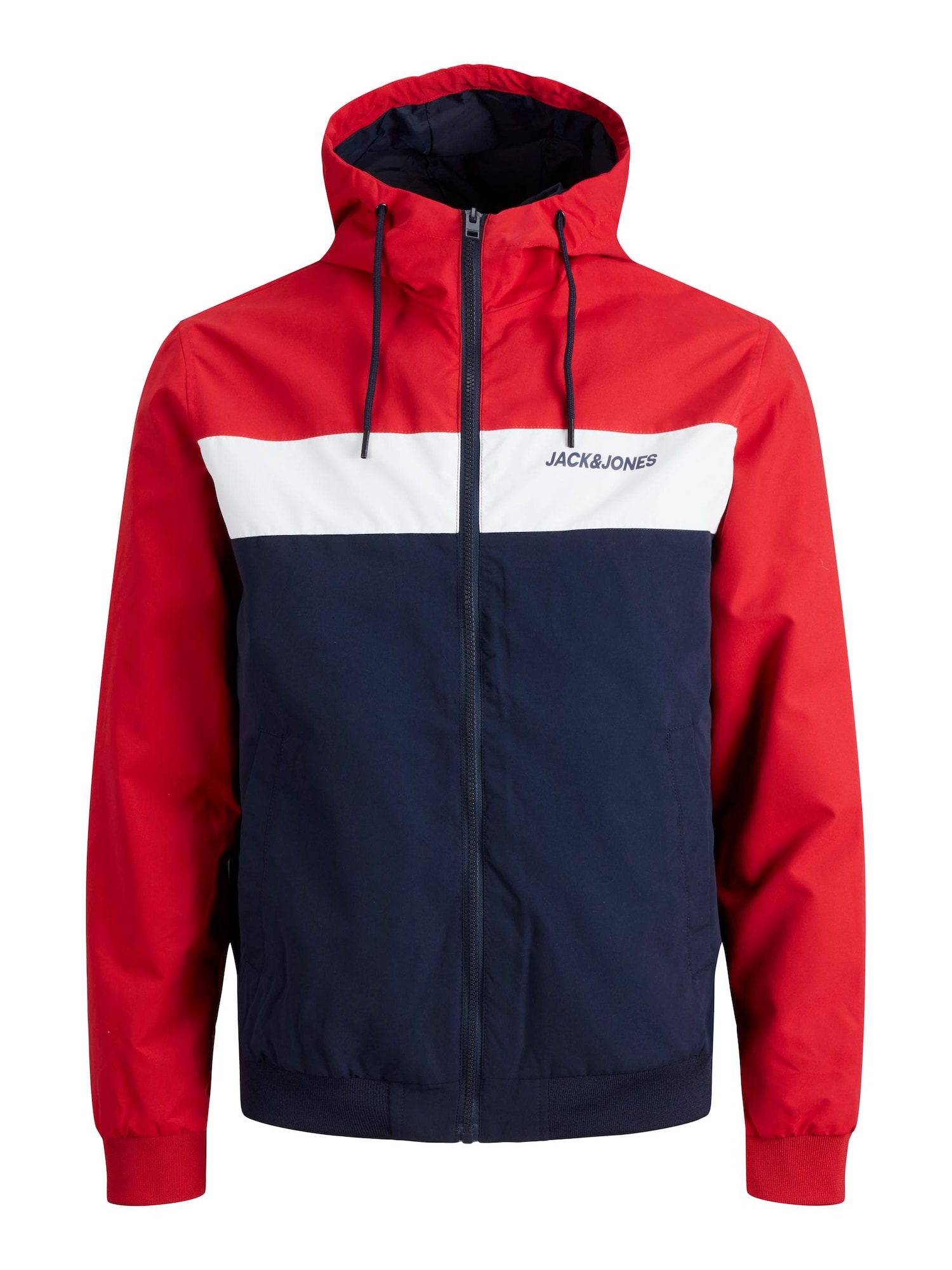 JACK & JONES Prehodna jakna 'Rush'  temno modra / ognjeno rdeča / bela