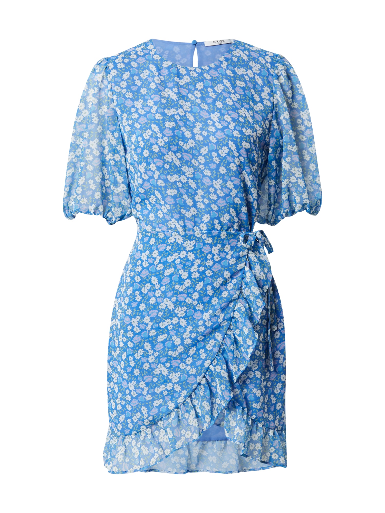 NA-KD Obleka 'Frilled'  modra / pastelno zelena / majnica / bela