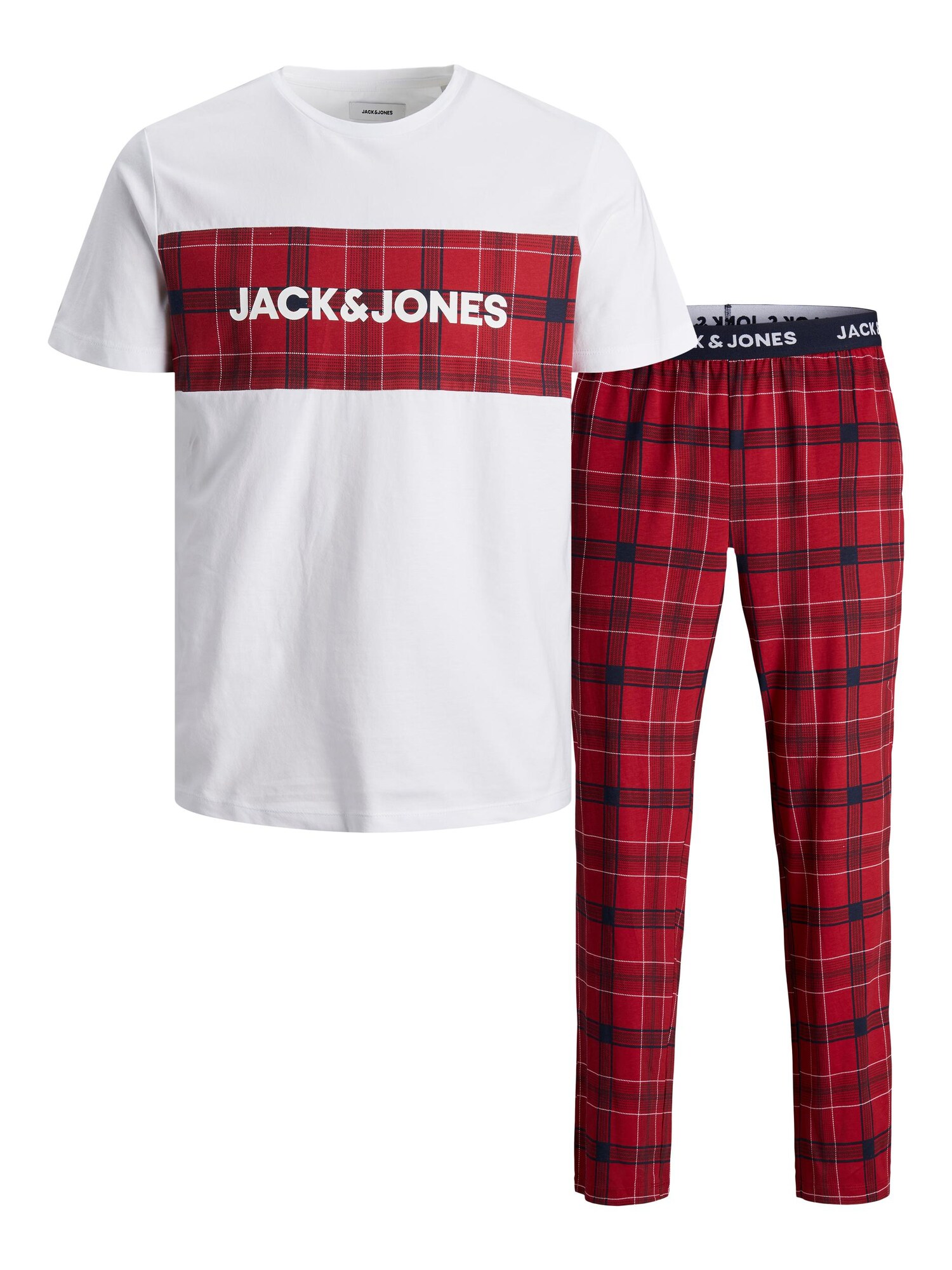 JACK & JONES Dolga pižama 'TRAIN'  temno modra / rubin rdeča / bela