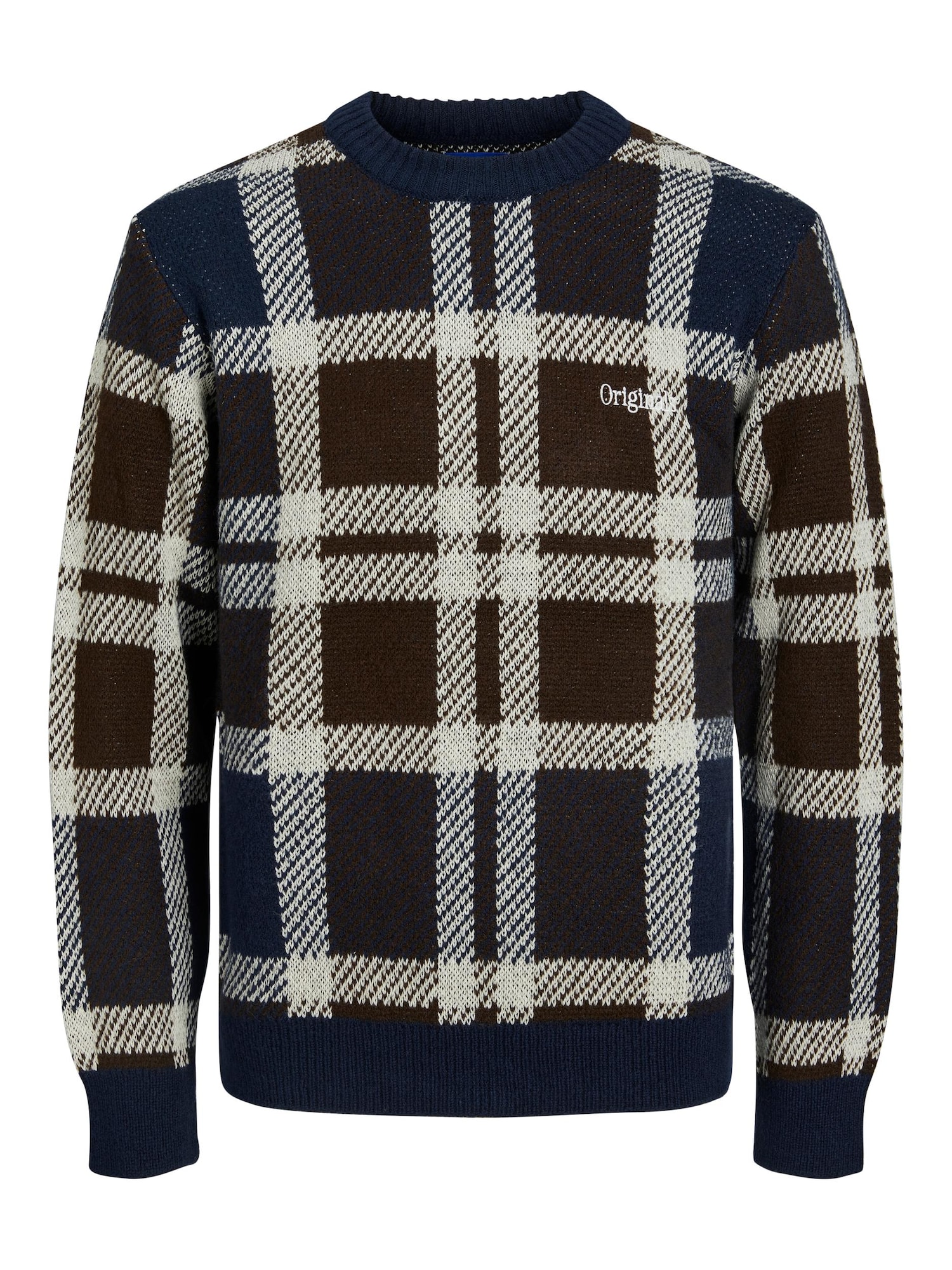 JACK & JONES Pulover 'AZIZ'  nočno modra / temno rjava / bela