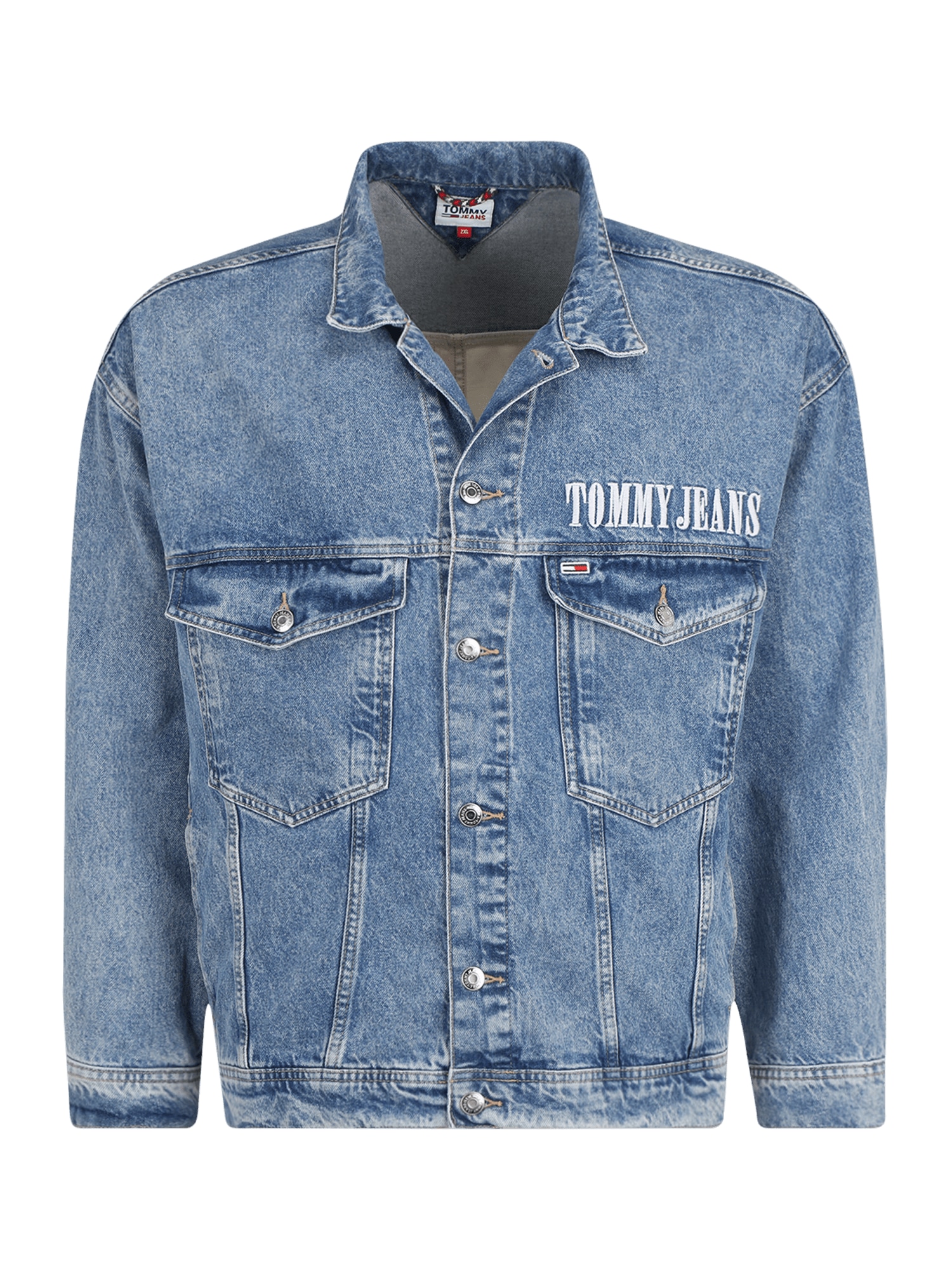 Tommy Jeans Plus Prehodna jakna  moder denim / rdeča / bela