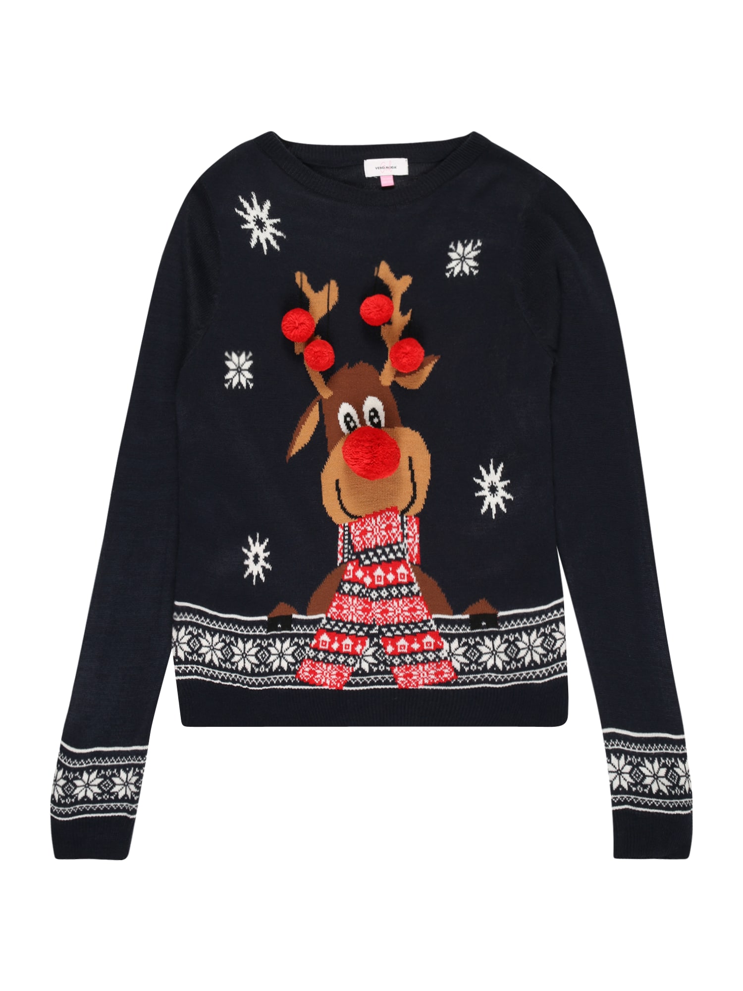 Vero Moda Girl Pulover 'NEWFROSTYDEER'  mornarska / rjava / rdeča / off-bela