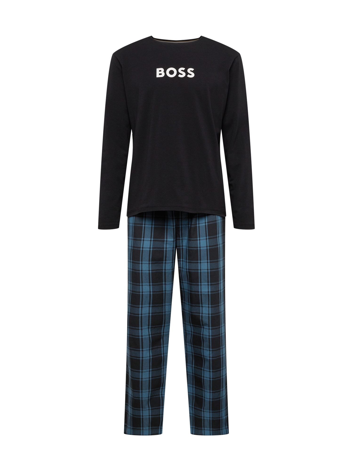 BOSS Black Dolga pižama 'Easy'  cijansko modra / črna / bela