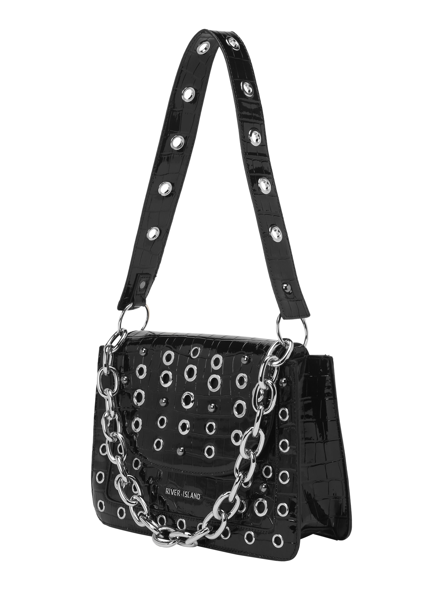 River Island Torba za čez ramo 'MEGA EYELET'  črna / srebrna