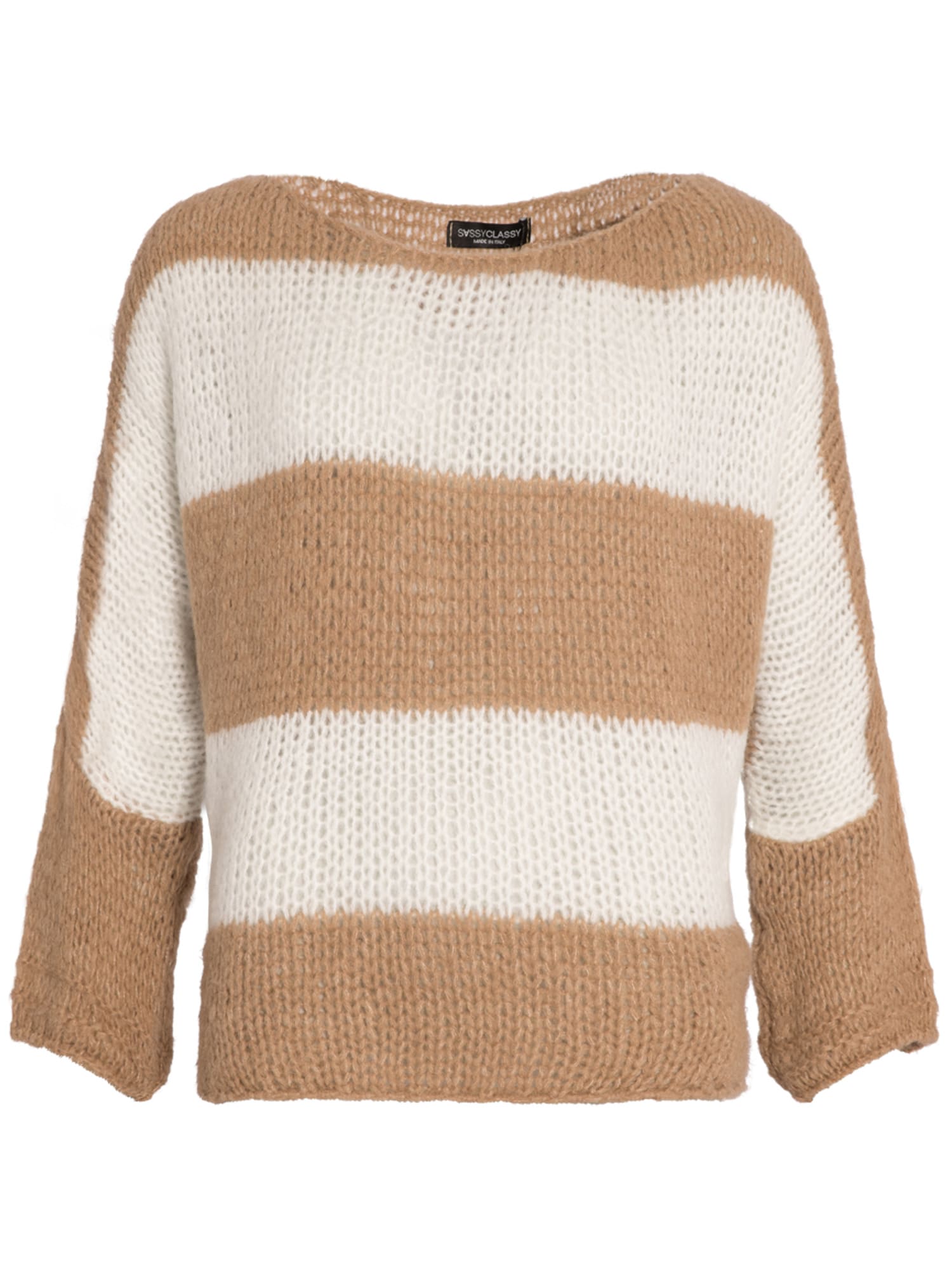 SASSYCLASSY Širok pulover  svetlo rjava / bela